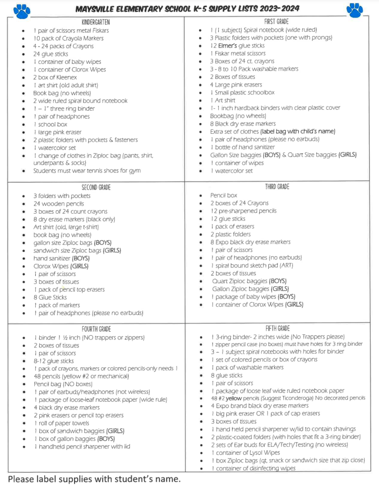 Maysville Elementary School Supply List 2023-2024 School Year ...