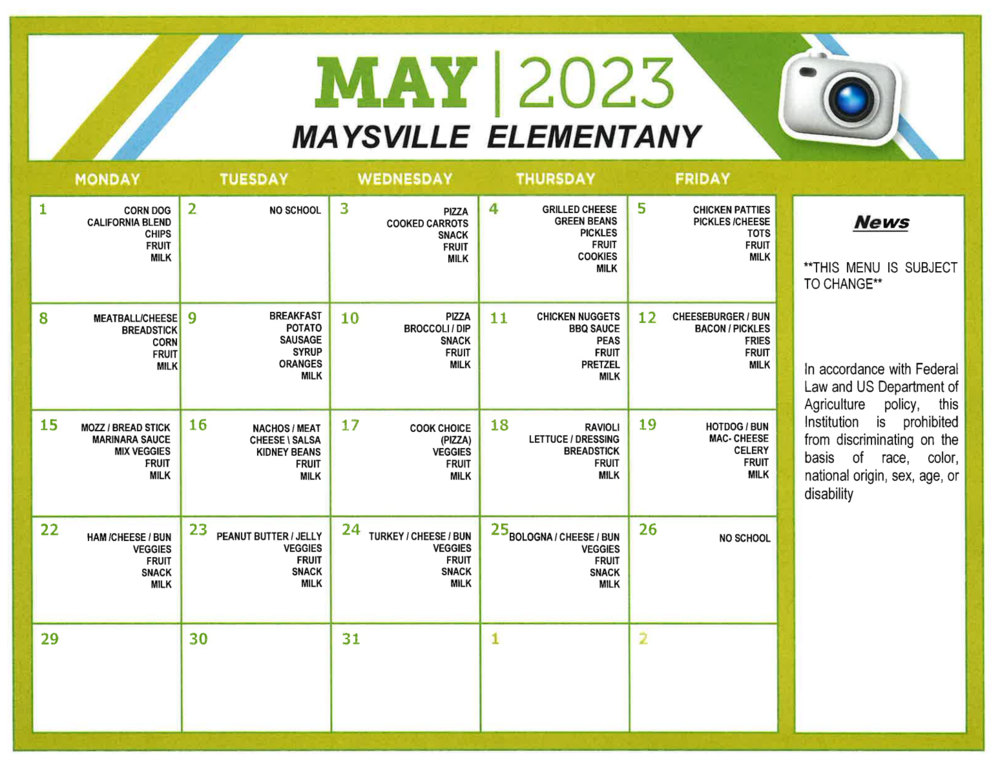 Maysville Elementary May Lunch Menu Maysville Local Schools